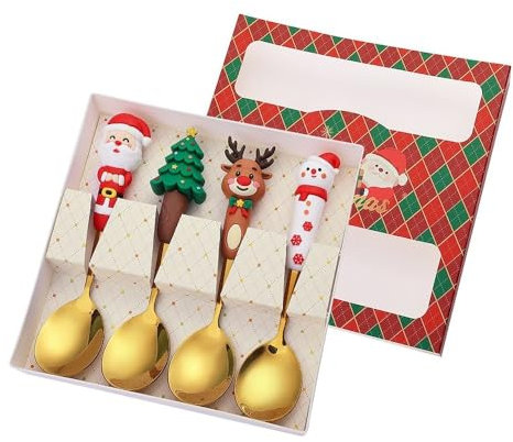VollfitYYu Set di 4 cucchiai di Natale in acciaio inox, cucchiaini da dessert con cartone animato, albero di Natale 3D, alce Babbo Natale, pupazzo di neve, decorazione natalizia (oro)