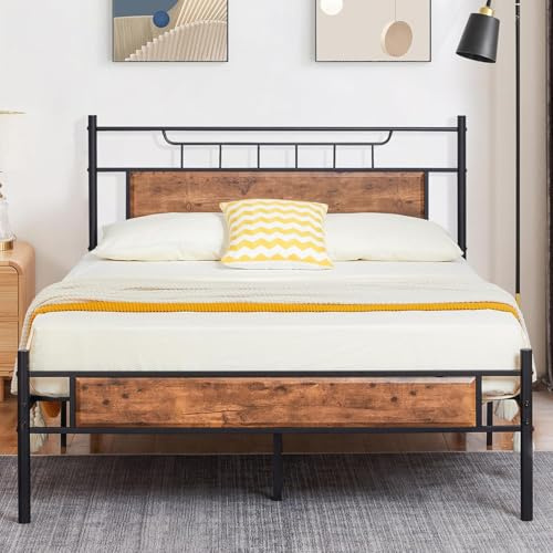 VECELO Bett Retro 140x200 cm Metallbett mit Lattenrost, Bettgestell Doppelbett mit Dick Holzkopfteil, Gästebett Jugendbett perfekt für Schlafzimmer Gästezimmer, Braun