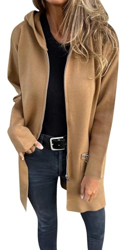 ZRYAZQ Damen Wintermantel Lang mit Reissverschluss Wollmantel Damen Winter mit Kapuze Übergangsjacke Damen Elegant Trenchcoat mit Taschen Winterjacke mit Reißverschlußtaschen Windmantel Outwear