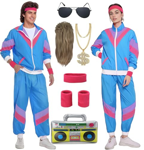 Miulruma 80er Jahre Kostüm Herren Damen 80er 90er Jahre Outfit mit 80er Jahre Gürteltasche 80er Accessoire Retro Stil Mottoparty Kostüm Trainingsanzug Anzug Kleidung Blau A039XL