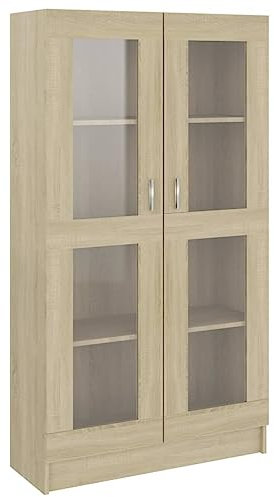 Hommdiy Vitrinenschrank Wohnzimmer,Glas Vitrine Hochglanz mit Glastüren Sonoma-Eiche 82,5x30,5x150 cm Holzwerkstoff