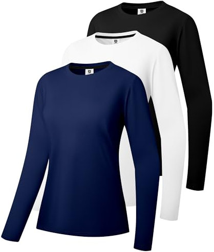 Women's Cotton Long Sleeve T-Shirts Crew-Neck Shirt Classic-Fit Shirt Soft Breathable Casual Tee Fashion Basic Tops Black/White/Navy-02-L