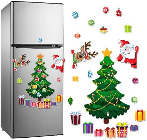 Christmas Fridge Magnets, Magnetic Christmas Tree Stickers, Magnetic Christmas Decorations for Refrigerator, DIY Christmas Themed Magnetic Stickers Decals for Garage Metal Door Whiteboard Decor (A)