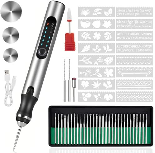 Engraving Pen with 37 Bits, USB Rechargeable Cordless Etching Engraving Tool, Portable DIY Rotary Engraver for Jewelry Wood Glass Stone Carving (Silver)