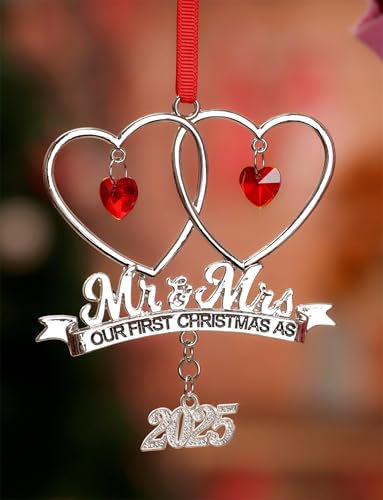 Mr and Mrs First Christmas Ornament 2025, Silver Double Heart Xmas Tree Decoration, Newlywed Couple (M r& Mrs 2025)