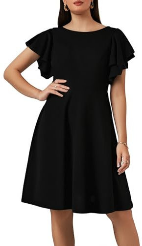 GORGLITTER Women's Ruffle Swing Flared Mini Dress Round Neck Cap Sleeve Plain Casual Short Dress Black Medium