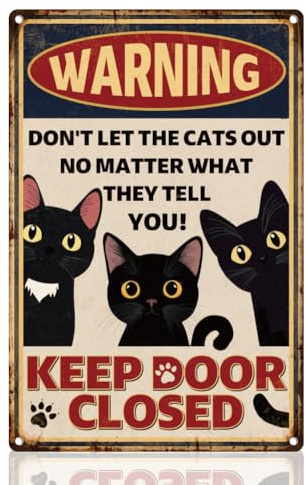 DOODLREAM Lustiges Metallblechschild Mit Schwarzer Katze Retro Wanddekoration 20 x 30cm Keep Door Closed Vintage Wandkunst Poster Zuhause Kaffeezimmer Dekoration Geschenk Tierliebhaber