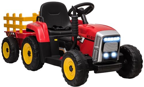 HOMCOM Tractor Eléctrico con Remolque Desmontable Coche Eléctrico para Niños 3-6 Años con Control Remoto Música MP3 Pantalla Luces y Cinturón de Seguridad 136,5x50x52,5 cm Rojo