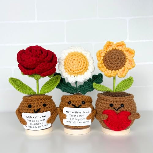 Glücksmoment - DAS ORIGINAL | Handgefertigte gehäkelte Blume | & Glücksbringer | Trostspender, Motivation & Anti Stress | Pocket Hug, Mutmacher, Seelentröster | Emotional Support (Rose)