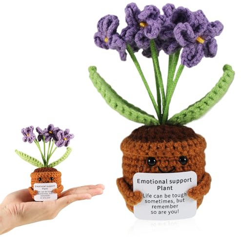 iewrtcin Emotional Support Crochet Funny Gifts,Purple Crochet Flower Pot Plant,Handmade Crochet Emotional Support Plant Suitable for Gifts for Boys and Girls,Office Decoration,Positive Gifts