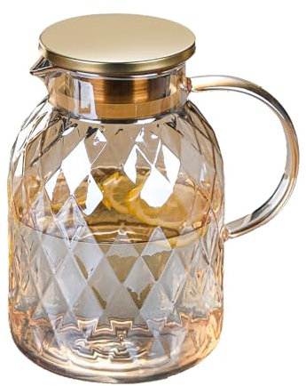 Wasserkrug mit Deckel und Auslauf, 1800ml Bernstein Diamant Muster Wasserkaraffe für alle Arten von Saft Tees, hitzebeständiger Borosilikatglas Krug