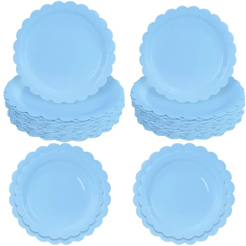 Daover 50PCS Light Scalloped Paper Plates 7 Inch & 9 Inch Solid Color Baby Blue Dinner Scalloped Disposable Plates for Birthday Wedding Party Decoration, Serve 25 (Blue)