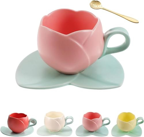 Tazza a tulipano, graziosa tazza a forma di tulipano, rosa, giallo, beige, rosso, bella tazza a forma di tulipano, tazza da caffè in ceramica a forma di tulipano, porta un cucchiaio (