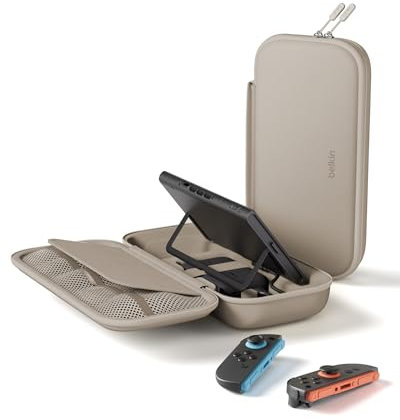Belkin Gaming Nintendo Switch 2 Tasche inklusive 10.000 mAh Powerbank mit LCD-Anzeige, Case mit 20 W Nintendo Switch Schnellladegerät und Fächern für AirTag und Games – Sandfarben