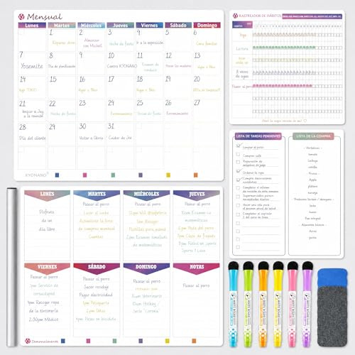 KYONANO 4 Pack Pizarra Magnético Nevera - Calendario Magnetico Nevera incluir Planificador Mensual&Semanal Magnetico, Seguimiento habitual y planificación diaria, con 6 Rotuladores de Color, Borrador