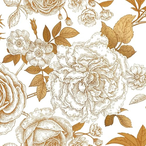 FunStick Weiß Goldene Tapete Selbstklebend Wand Vintage Klebefolie Blumen Möbel Weiß und Gold Gartenpfingstrose Schrankfolie Selbstklebend Blumen Gold Skizze Tapete Schlafzimmer Barock Rosen 44.5CMx3M