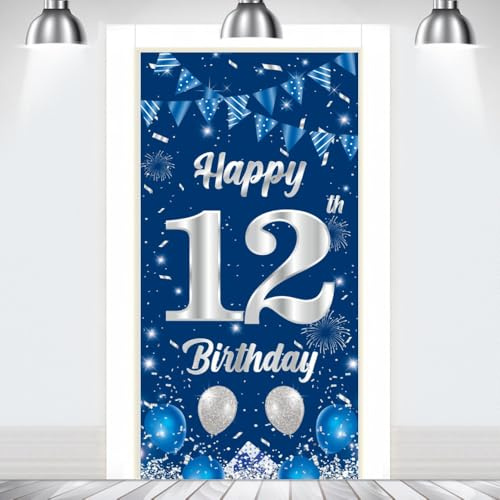 Happy 12th Birthday Decorations Door Banner Backdrop Blue Birthday Decorations Boys Girls 12 Years Old Door Background Banner Outdoor Indoor Party Supplies Photo Props Booth Decor Supplies180×90cm ﻿