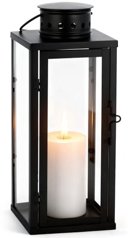 Schwarz Laternen für Draußen mit Henkel - 24x10x10cm Wetterfeste Kerzenlaterne aus Metall & Glas - Für Garten, Balkon, Terrasse & als Grablaterne - Robustes Windlicht für Draußen (Ohne Kerzen)