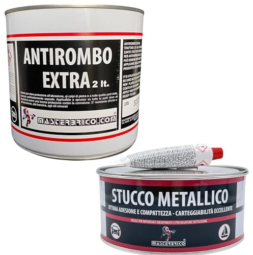 MASTERBRICO Kit Antirombo Sottoscocca 2 L + Stucco Metallico 750 ml | Soluzione Completa per Riparazioni Auto, Riempimento, Protezione, Insonorizzazione