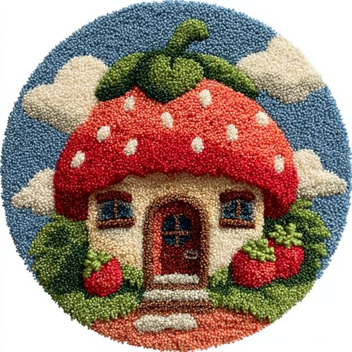 WallustrioaW Kit de Ganchos de Pestillo para Alfombras,Casa de fresas de dibujos animados,Juego de Alfombra de Anudar para Hacer,Manualidades Bordado a Mano para Adultos,50x50cm