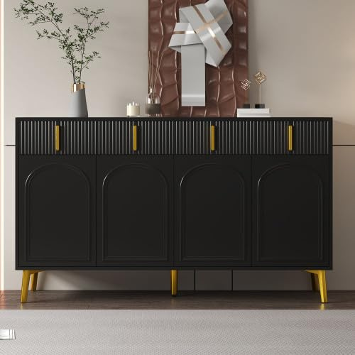 Merax Sideboard Schwarz mit Goldenen Akzenten – 140 cm Kommode mit 4 Schubladen, 4 Türen und Verstellbaren Regalen, Modernes Aufbewahrungsschrank für Wohnzimmer, Esszimmer und Flur