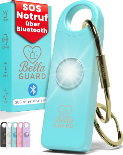 Bella Guard Taschenalarm – mit SOS-Notruf über Dein Smartphone per Bluetooth, Sirene 130dB laut, LED-Stroboskoplicht, wiederaufladbar, Alarm für Frauen unterwegs zum Selbstschutz (Aqua-blau)