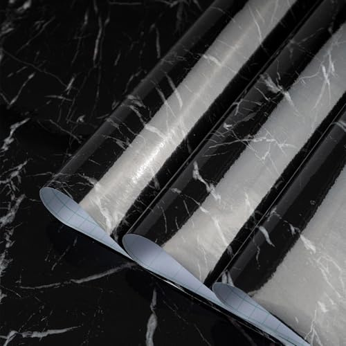 TOTIO 48x354in Ultra-wide Black Marble Vinyl Wrap Dark Granite Effect Vinyl Self Adhesive Wallpaper Glossy Thicken Countertop Contact Paper Peel and Stick Waterproof Oil-Proof Kitchen Worktop Covering