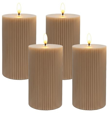 Relaxdays LED Kerzen, 4er Set, HxD: 13 x 7,5 cm, flackernde Flamme, Echtwachs, Rillen, flammenlose Blockkerzen, Farbwahl