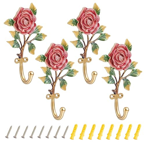 DELORIGIN 4 Stück Metall Gold Wand Haken 3D Bunt Rose Blumen Dekorativ Handtuch Haken Antik Wandhaken für Badezimmer Eingangsbereich Schlafzimmer hängende Mäntel Jacken Bademäntel Schlüssel Taschen