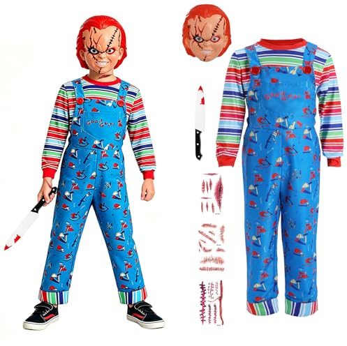 shyhand Kids Creepy Killer Doll Costume Striped Top Blue Dungarees with Mask Knife Props Halloween Boys Carnival Cosplay Set