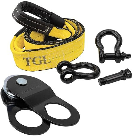 TGL 3 inch, 8 Foot Tree Saver, Tow Strap with 2-Pack D Ring Shackles and 10 Tone Snatch Block