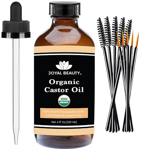 Castor Oil (4 OZ) USDA Organic 100% Pure Cold-Pressed Hexane-free Premium Quality Large Size for Hair Growth, Eyelashes, Eyebrows, Beard and Skin by Joyal Beauty. Bonus FREE Mascara Kit Included