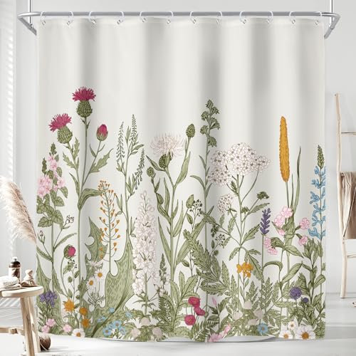 Riyidecor Tenda da doccia extra lunga, 183 x 213 cm, decorazione per il bagno, fiori di campo, fiori di campo, accessori botanici, piante e erbe, set da bagno per finestre, tessuto in poliestere