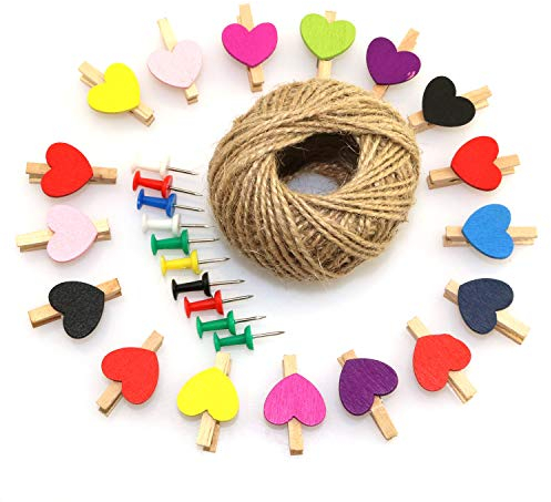 RuiLing - Set di 50 Mini mollette Colorate in Legno con Cuore + 10 puntine per Pollice + 1 Rotolo di Corda di Canapa 50x Clips + 10x Pushpin + 1x Hemp Cord