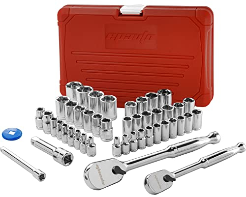 EPAuto 46 Pieces 1/4-Inch and 3/8-Inch Drive Socket Set with 90 Tooth Reversible Ratchet