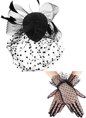SATINIOR 50er Jahre Fascinators für Damen, Beerdigungsschleier, Hut und Handschuhe, Pillbox, Cocktailhut, Schwarz, Medium