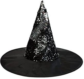 Hooin Wendbarer Hexenhut aus Pailletten für Halloween (Schwarz/Silber)
