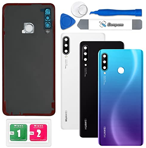 Eonpam Akkudeckel für Huawei P30 Lite Rückseite Glas Original Backcover Back Glas Ersatz Reparatur Set mit Kameraobjektiv (Blau)