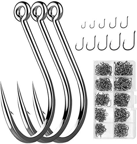 Angelhaken,fischtöter,angelzubehör,angelkoffer mit zubehör,600 STK Kohlenstoffstahl Angelhaken,Angelhaken Widerhaken Angelhaken mit Öse Angelhaken Set Angelzubehör mit Kunststoffbox-10Größen-Schwarz