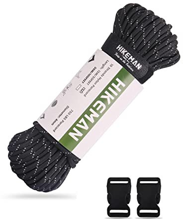 HIKEMAN 750 Paracord Survival Rope - 10 Strang Nylonseil, reißfeste Fallschirmschnur mit gewachstem Zunder, für Outdoor Survival,Camping,Armband,Lanyard (15M-Schwarz)