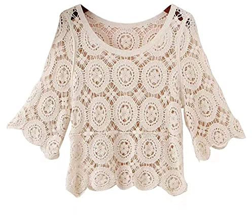 Damen Sommer 3/4 Ärmel Häkel-T-Shirt Strick Blumenmuster Pullover Top Strand Bluse Cover Up, beige, OneSize