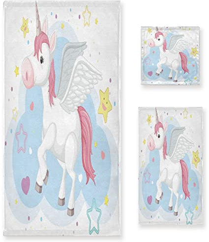 Vnurnrn Bébé Licorne Nuage D'Étoiles Ensemble de Serviettes pour Salle de Bain(1 Serviette de Bain,1 Serviette À Main,1 Gant de Toilette) Résistantes Aux Odeurs pour Garçons Filles