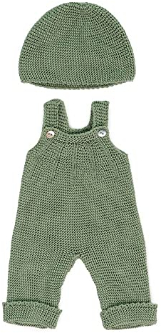 Miniland Strick-Kleiderset Dolls, aus recyceltem Material, für 38cm Puppen. Modell: Latzhose und Mütze, grün