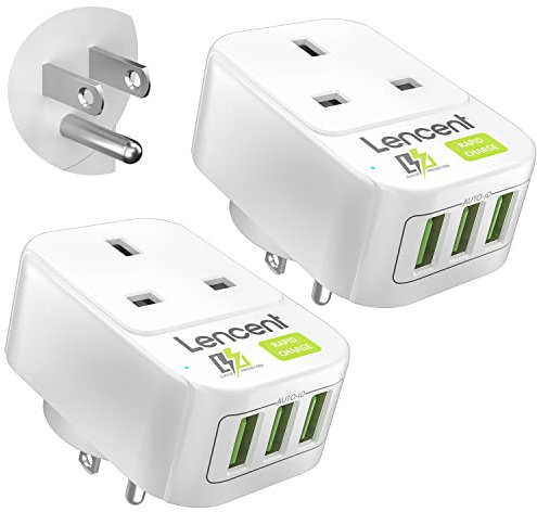 LENCENT 2 Packs UK to US Plug Adapter with 3 USB Ports,Grounded America Travel Adapter for USA Mexico Canada Thailand and More (Type B)