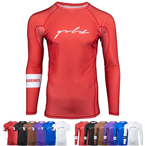 Gold BJJ Foundation Rash Guard - Ranked No-Gi and Gi Jiu Jitsu Rashguard, Red (Long Sleeve), M