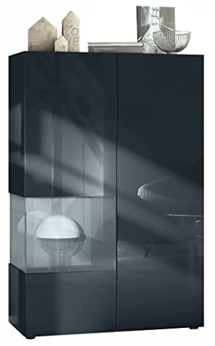 Vladon Vitrine Morena V2, Made in Germany, Standvitrine mit 2 Türen und Glaseinsatz, Korpus Schwarz matt, Fronten Schwarz Hochglanz, Cube Grau Hochglanz (91,5 x 136,5 x 37 cm)