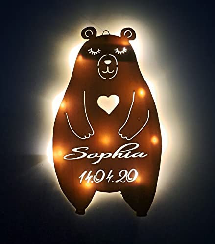 Designbysh Personalisiertes Baby-Geschenk Taufgeschenke Geschenke zur Geburt Taufe mit Namen Junge Mädchen Jungs Nachtlicht Schlummerlicht Bär