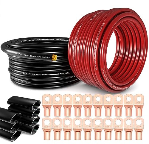 Cable de calibre 1/0 (6,1 m cada uno) de aluminio recubierto de cobre, CCA, cable primario automotriz, amplificador de coche, cable de alimentación y tierra, cable de batería para altavoces de audio