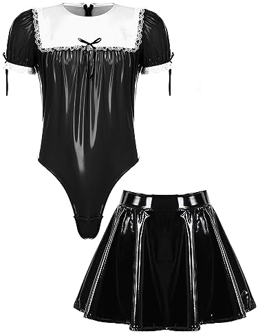 Agoky Herren Sissy Dessous Set Sexy Wetlook Dienstmädchen Body und Lack Leder Rock Crossdresser Cosplay Halloween Mottoparty Outfits Schwarz 3XL