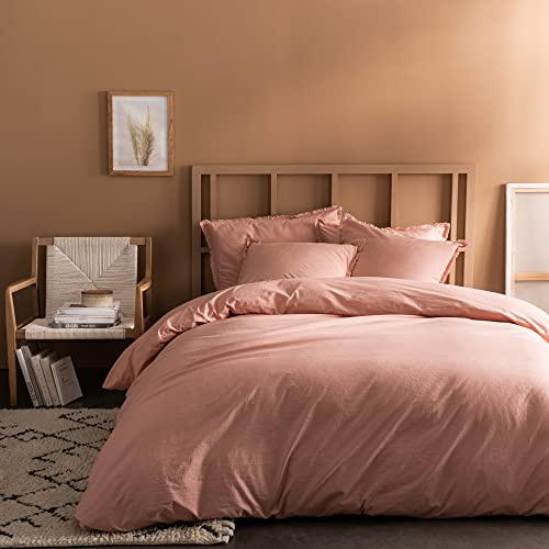 MATT & ROSE Parure de lit Coton LAVÉ Unie avec taies à Franges 100% Coton | Nude | Housse de couette 240x220 cm + 2 taies d'oreiller 65x65 cm | Fermeture boutons | Certification Oeko-Tex